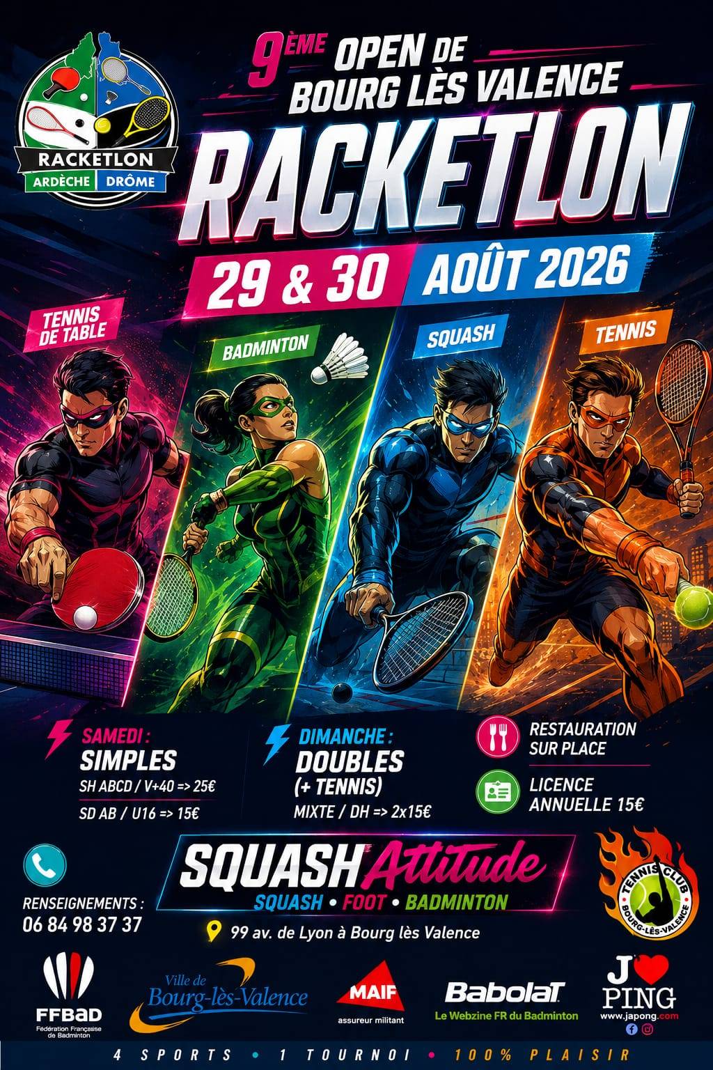 Affiche de 9ème Racketlon de Bourg lès Valence les 29 & 30 août 2026